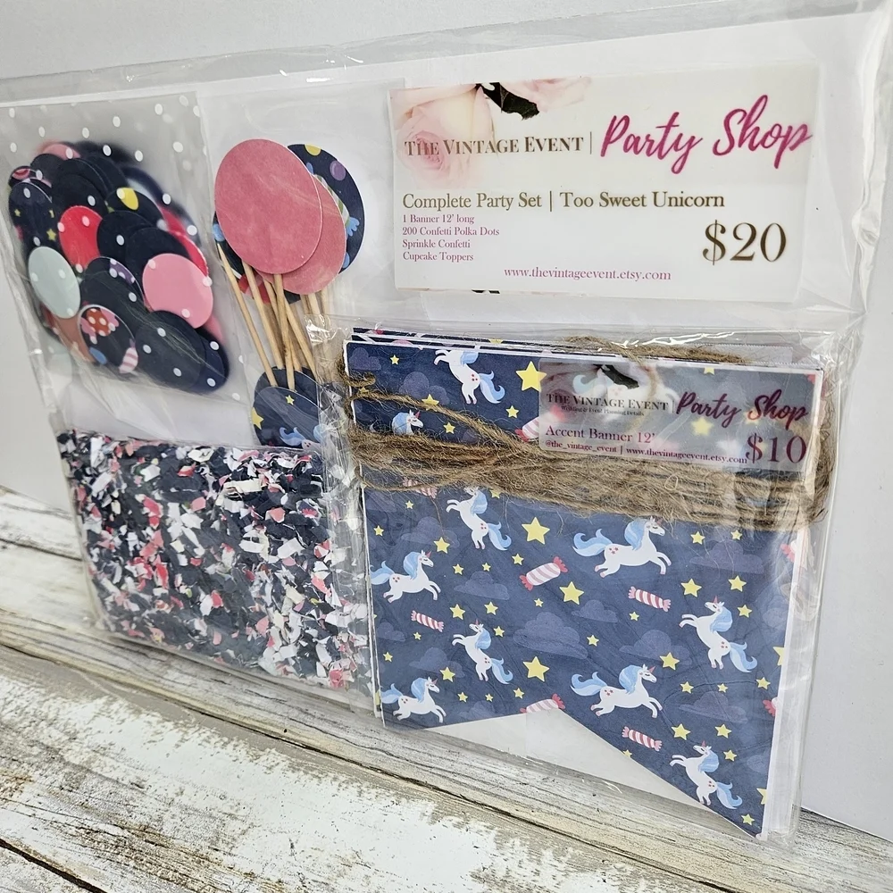 Navy Blue and Pink Unicorn Party Decoration Set with Confetti